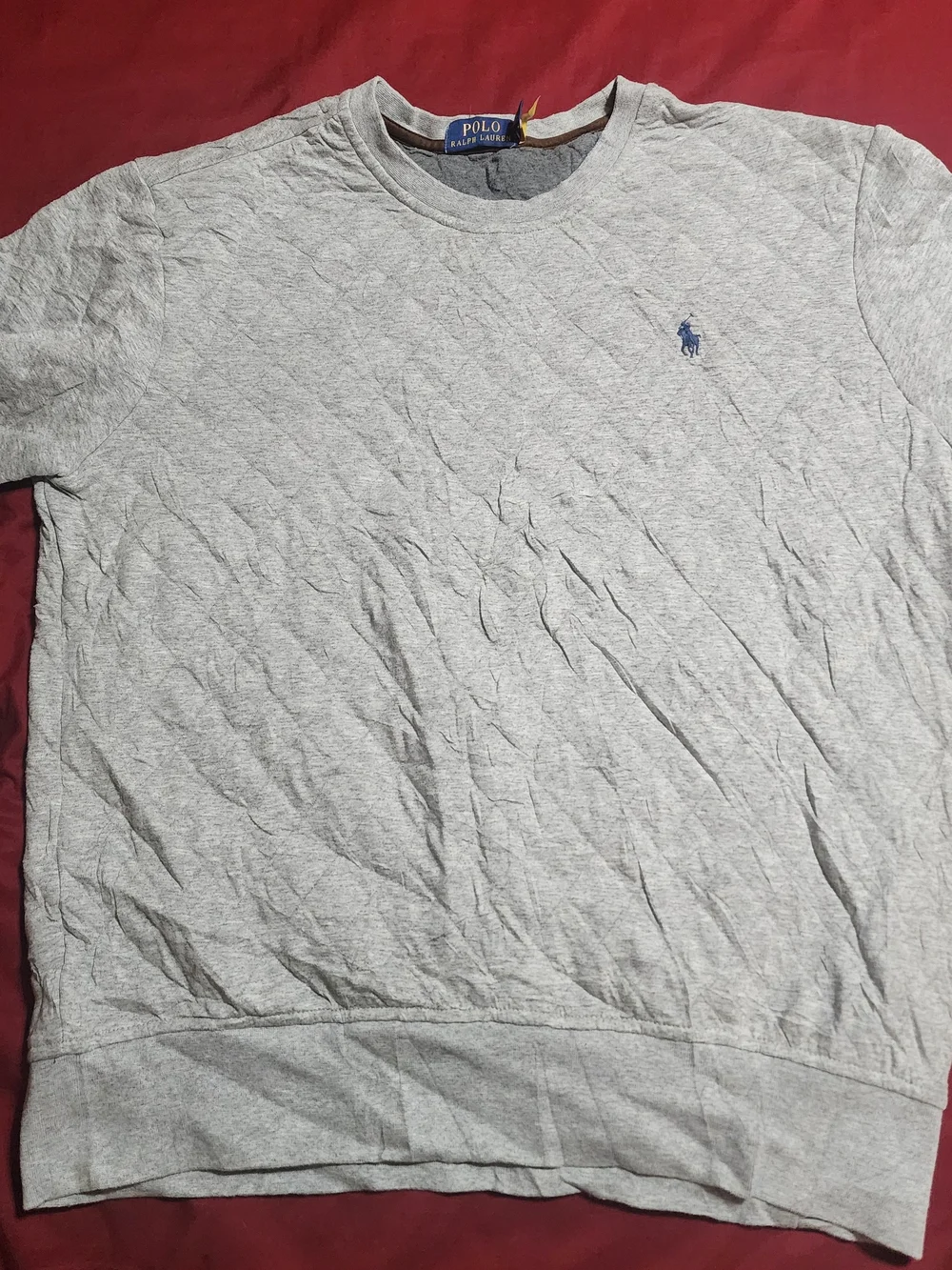 Ralph Lauren Light Gray Quilted Crewneck Sweater with Navy Pony
